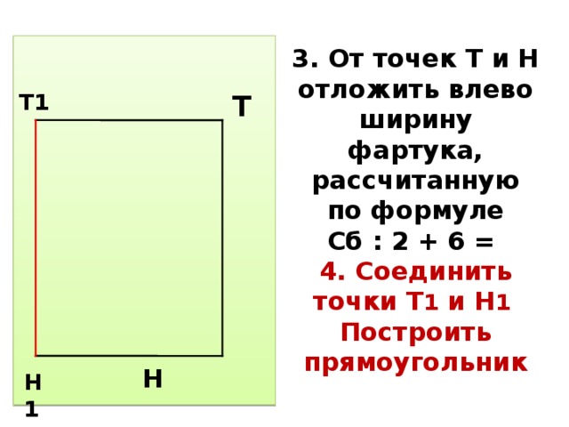 3. От точек Т и Н отложить влево ширину фартука, рассчитанную по формуле  Сб : 2 + 6 =  4. Соединить точки Т 1 и Н 1  Построить прямоугольник  Н Т Т1 Н1