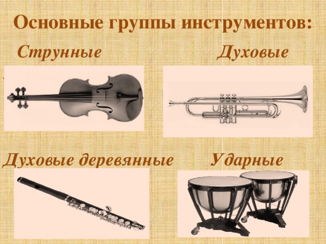 Основные группы инструментов:  Струнные  Духовые медные медные Духовые деревянные Ударные