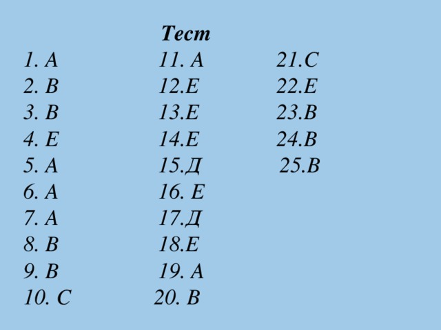 Тест  1. А 11. А 21.С  2. В 12.Е 22.Е  3. В 13.Е 23.В  4. Е 14.Е 24.В  5. А 15.Д 25.В  6. А 16. Е  7. А 17.Д  8. В 18.Е  9. В 19. А  10. С 20. В