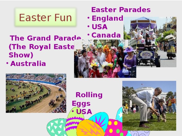 Easter Parades England USA Canada Easter Fun  The Grand Parade  (The Royal Easter  Show) Australia  Rolling Eggs
