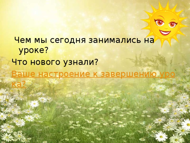 Чем мы сегодня занимались на уроке? Что нового узнали? Ваше настроение к завершению урока?