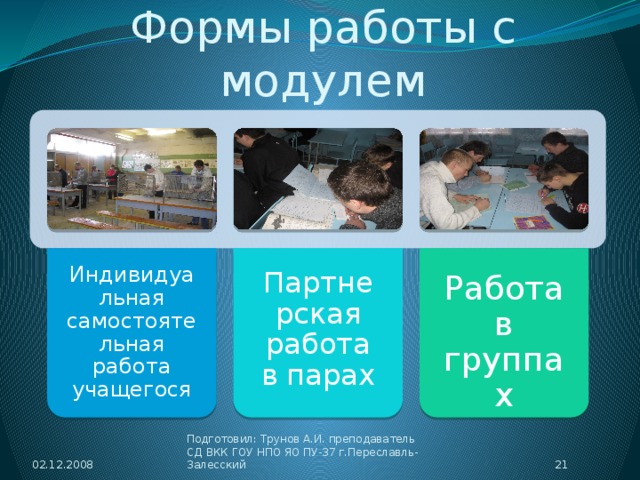 Индивидуальная самостоятельная работа учащегося Партнерская работа в парах Работа в группах Формы работы с модулем 02.12.2008  Подготовил: Трунов А.И. преподаватель СД ВКК ГОУ НПО ЯО ПУ-37 г.Переславль-Залесский