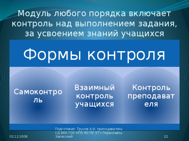 Модуль любого порядка включает контроль над выполнением задания, за усвоением знаний учащихся Формы контроля Самоконтроль Взаимный контроль учащихся Контроль преподавателя 02.12.2008  Подготовил: Трунов А.И. преподаватель СД ВКК ГОУ НПО ЯО ПУ-37 г.Переславль-Залесский