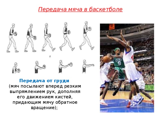 Передача мяча в баскетболе   Передача от груди ( мяч посылают вперед резким выпрямлением рук, дополняя его движением кистей, придающим мячу обратное вращение) ;