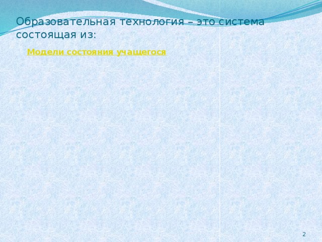 средств диагностики текущего состояния и прогнозирования тенденций ближайшего развития системы; Набора моделей обучения и критериев их выбора Набора моделей обучения и критериев их выбора КР – конечный результат НУ – ПР – ПР – ПР – КР ПР – промежуточный результат НУ – начальные условия Образовательная технология – это система состоящая из: Модели состояния учащегося Модели состояния учащегося 2 Конечного - некоторого Исходного - заданного множеством свойств, необходимых для осуществления технологического процесса; Механизма обратной связи Механизма обратной связи Мониторинга Мониторинга обеспечивающего взаимодействие между данными диагностики и выбранной моделью обучения, соответствующей полученным данным.