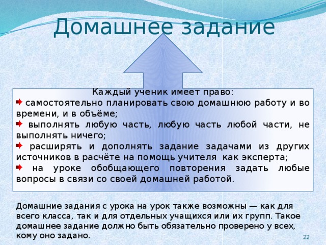 Домашнее задание Каждый ученик имеет право:  самостоятельно планировать свою домашнюю работу и во времени, и в объёме;  выполнять любую часть, любую часть любой части, не выполнять ничего;  расширять и дополнять задание задачами из других источников в расчёте на помощь учителя как эксперта;  на уроке обобщающего повторения задать любые вопросы в связи со своей домашней работой. Домашние задания с урока на урок также возможны — как для всего класса, так и для отдельных учащихся или их групп. Такое домашнее задание должно быть обязательно проверено у всех, кому оно задано. 19