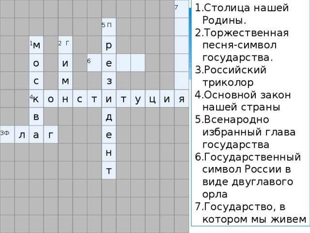 Столица нашей Родины. Торжественная песня-символ государства. Российский триколор Основной закон нашей страны Всенародно избранный глава государства Государственный символ России в виде двуглавого орла Государство, в котором мы живем