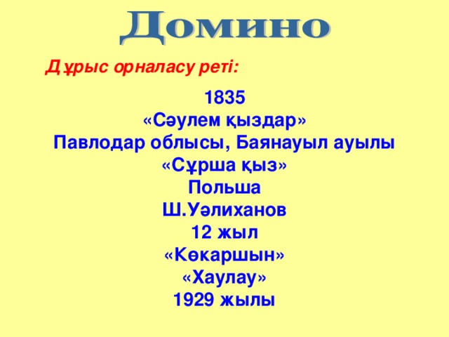 Дұрыс орналасу реті: 1835 «Сәулем қыздар» Павлодар облысы, Баянауыл ауылы «Сұрша қыз» Польша Ш.Уәлиханов 12 жыл «Көкаршын» «Хаулау» 1929 жылы