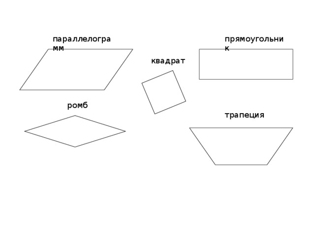 Параллелограмм ромб трапеция фигуры. Параллелограмм трапеция прямоугольник ромб квадрат. Ромб трапеция. Ромб трапеция прямоугольник. Четырехугольник параллелограмм прямоугольник ромб квадрат трапеция.