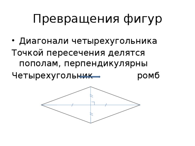 Превращения фигур Диагонали четырехугольника Точкой пересечения делятся пополам, перпендикулярны Четырехугольник ромб