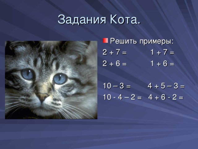 Задания Кота. Решить примеры: 2 + 7 = 1 + 7 = 2 + 6 = 1 + 6 = 10 – 3 = 4 + 5 – 3 = 10 - 4 – 2 = 4 + 6 - 2 =