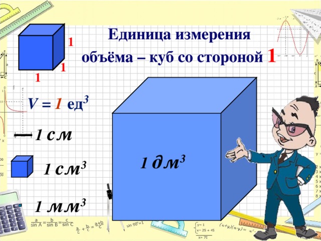 Единица измерения объёма – куб со стороной  1 1 1 1 V = 1 ед 3 1  см 1  дм 3 1  см 3 1  м м 3