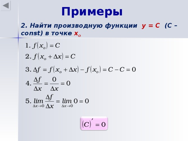 Примеры 2. Найти производную функции y = C (C – const) в точке х o