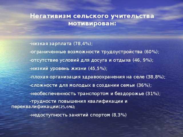 Негативизм сельского учительства мотивирован:  низкая зарплата (78,4%); ограниченные возможности трудоустройства (60%); низкая зарплата (78,4%); ограниченные возможности трудоустройства (60%); низкая зарплата (78,4%); ограниченные возможности трудоустройства (60%);  -отсутствие условий для досуга и отдыха (46, 9%);  -низкий уровень жизни (45,5%);  -плохая организация здравоохранения на селе (38,8%);  -сложности для молодых в создании семьи (36%);  -необеспеченность транспортом и бездорожье (31%);  -трудности повышения квалификации и переквалификации (25,6%);  -недоступность занятий спортом (8,3%)