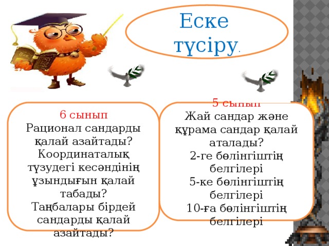 Еске түсіру .     5 сынып Жай сандар және құрама сандар қалай аталады? 6 сынып 2-ге бөлінгіштің белгілері Рационал сандарды қалай азайтады? Координаталық түзудегі кесәндінің ұзындығын қалай табады? 5-ке бөлінгіштің белгілері 10-ға бөлінгіштің белгілері Таңбалары бірдей сандарды қалай азайтады?