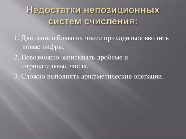 1. Для записи больших чисел приходиться вводить новые цифры. 2. Невозможно записывать дробные и отрицательные числа. 3. Сложно выполнять арифметические операции.