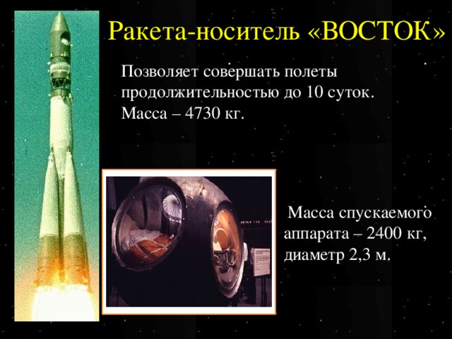 Ракета-носитель «ВОСТОК» Позволяет совершать полеты продолжительностью до 10 суток. Масса – 4730 кг.  Масса спускаемого аппарата – 2400 кг, диаметр 2,3 м.
