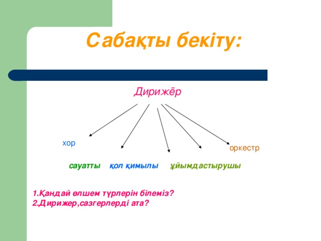 Сабақты бекіту:   Дирижёр хор оркестр  сауатты  қол қимылы  ұйымдастырушы  1.Қандай өлшем түрлерін білеміз? 2.Дирижер,сазгерлерді ата?