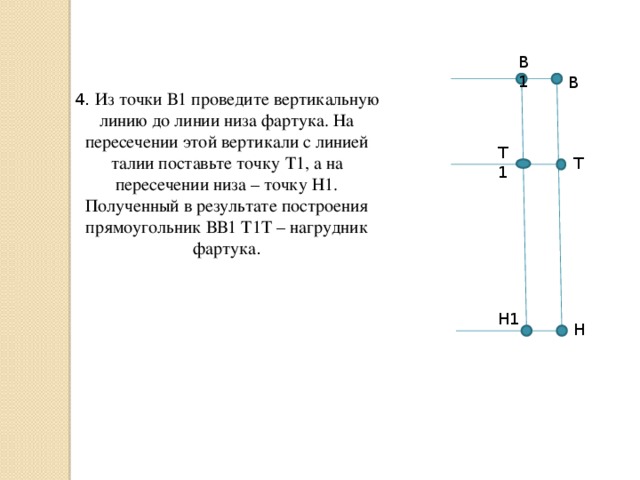 В1 В 4. Из точки В1 проведите вертикальную линию до линии низа фартука. На пересечении этой вертикали с линией талии поставьте точку Т1, а на пересечении низа – точку Н1. Полученный в результате построения прямоугольник ВВ1 Т1Т – нагрудник фартука . Т1 Т Н1 Н