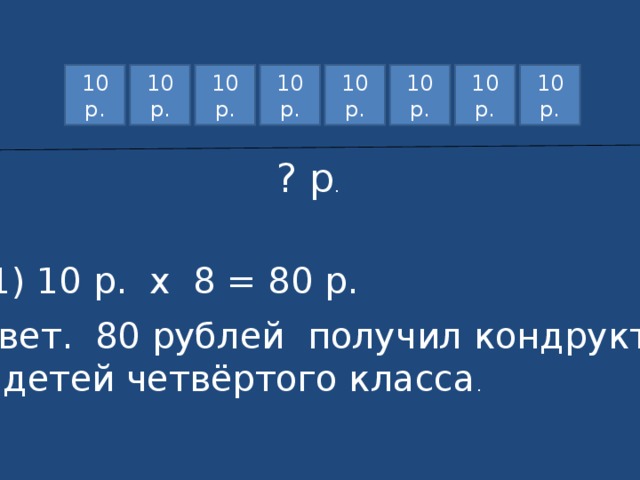 10 р. 10 р. 10 р. 10 р. 10 р. 10 р. 10 р. 10 р. ? р . 1) 10 р. х 8 = 80 р. Ответ. 80 рублей получил кондруктор от детей четвёртого класса .