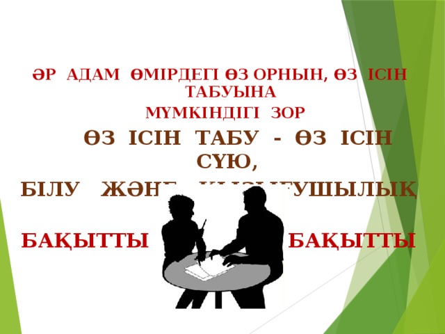 ӘР АДАМ ӨМІРДЕГІ ӨЗ ОРНЫН, ӨЗ ІСІН ТАБУЫНА  МҮМКІНДІГІ ЗОР   ӨЗ ІСІН ТАБУ - ӨЗ ІСІН СҮЮ, БІЛУ ЖӘНЕ ҚЫЗЫҒУШЫЛЫҚ ТАНЫТУ БАҚЫТТЫ ҰСТАЗ - БАҚЫТТЫ ШӘКІРТ