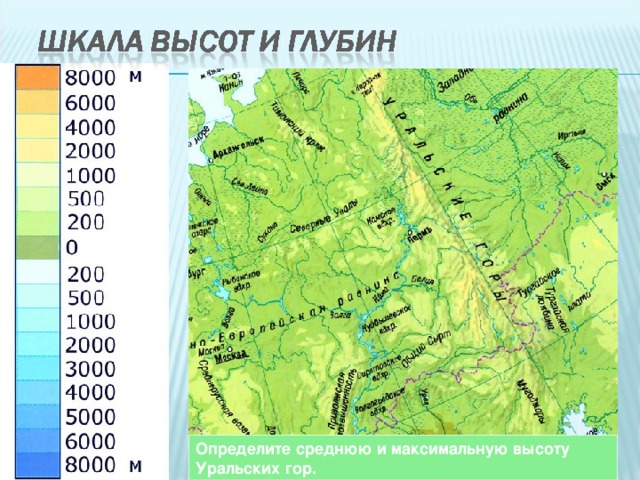 Определите среднюю и максимальную высоту Уральских гор.