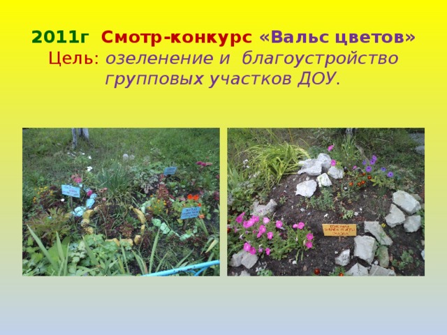 2011г  Смотр-конкурс «Вальс цветов»  Цель: озеленение и благоустройство групповых участков ДОУ.