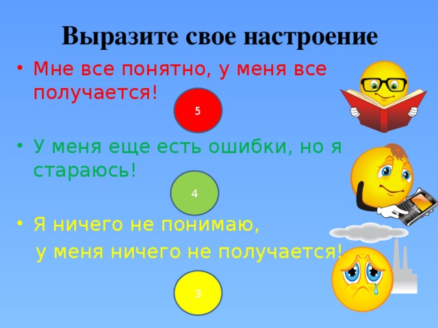 Выразите свое настроение Мне все понятно, у меня все получается! У меня еще есть ошибки, но я стараюсь! Я ничего не понимаю,  у меня ничего не получается! 5 4 3