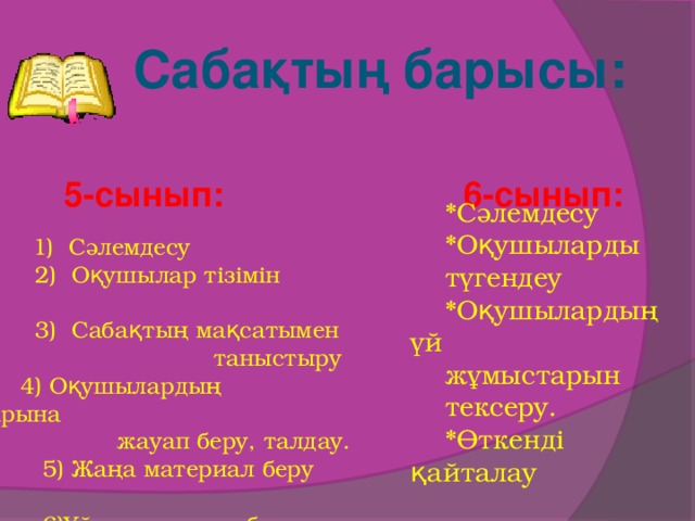 Сабақтың барысы: 5-сынып: 6-сынып: *Сәлемдесу *Оқушыларды түгендеу *Оқушылардың үй жұмыстарын тексеру. *Өткенді қайталау : 1) Сәлемдесу  2) Оқушылар тізімін тексеру  3) Сабақтың мақсатымен  таныстыру  4) Оқушылардың сұрақтарына  жауап беру, талдау.  5) Жаңа материал беру  6)Үйге тапсырма беру  7) Қорытындылау, бағалау