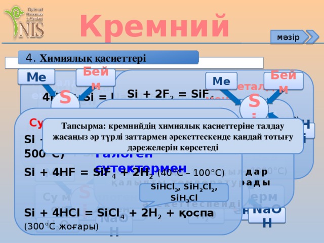 Кремний мәзір 4. Химиялық қасиеттері Ме Бейм Ме Бейм Металдармен Металдармен Бейметал дармен Бейметалдармен Si + 2F 2 = SiF 4 Si + 2Cl 2 = SiCl 4  (340°C – 420°C) Si + O 2 = SiO 2  (1200°C – 1300°C) Si + C = SiC (1200°C – 1300°C) 4Na + Si = Na 4 Si (балқыту)  2Mg + Si = Mg 2 Si (балқыту)  2Ca + Si = Ca 2 Si (балқыту) Si Si Сілтілермен Сумен Si Тапсырма: кремнийдің химиялық қасиеттеріне талдау жасаңыз әр түрлі заттармен әрекеттескенде қандай тотығу дәрежелерін көрсетеді Н 2 0 NaOH сілті Si + 2NaOH + H 2 O = Na 2 SiO 3 + 2H 2 Минералды қышқылдар қалыпты температурады кремниймен әсекеттеспейді Si + 2H 2 O = SiO 2 + 2H 2 (400°C – 500°C) Галоген сутектермен Бейм Si + 4HF = SiF 4 + 2H 2  (40°C – 100°C)   Si + 4HCl = SiCl 4 + 2H 2 + қоспа (300°С жоғары) Ме Si SiHCl 3 , SiH 2 Cl 2 , SiH 3 Cl Су мен галоген сутектермен Сілтілермен Si NaOH Н 2 0 NaOH H 2 O