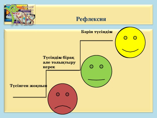 Рефлексия Бәрін түсіндім Түсіндім бірақ але толықтыру керек Түсінген жоқпын