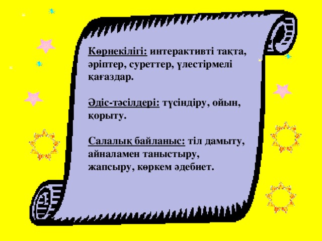 Көрнекілігі: интерактивті тақта, әріптер, суреттер, үлестірмелі қағаздар.  Әдіс-тәсілдері: түсіндіру, ойын, қорыту.  Салалық байланыс: тіл дамыту, айналамен таныстыру, жапсыру, көркем әдебиет.