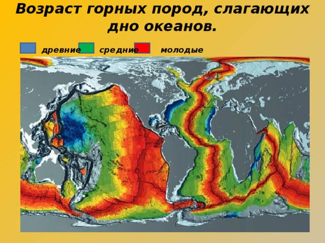 Возраст горных пород, слагающих дно океанов. древние средние молодые