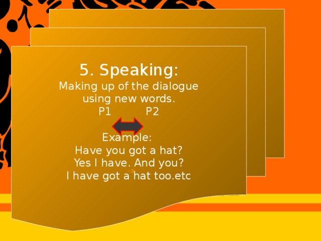 5. Speaking:  Making up of the dialogue using new words. P1 P2 Example: Have you got a hat? Yes I have. And you? I have got a hat too.etc