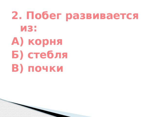 2. Побег развивается из: А) корня Б) стебля В) почки