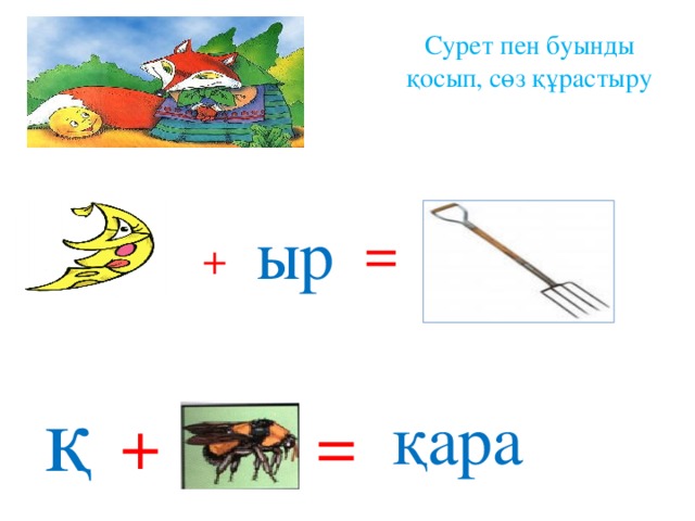 Сурет пен буынды қосып, сөз құрастыру ыр = + қ қара + =