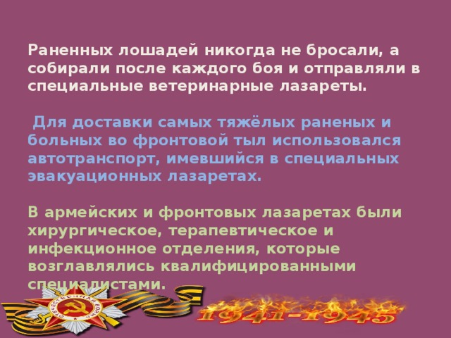 Раненных лошадей никогда не бросали, а собирали после каждого боя и отправляли в специальные ветеринарные лазареты.    Для доставки самых тяжёлых раненых и больных во фронтовой тыл использовался автотранспорт, имевшийся в специальных эвакуационных лазаретах.   В армейских и фронтовых лазаретах были хирургическое, терапевтическое и инфекционное отделения, которые возглавлялись квалифицированными специалистами.