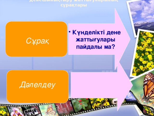 Денешынықтыру жаттығуларының сұрақтары Күнделікті дене жаттығулары пайдалы ма? Сұрақ  Дәлелдеу