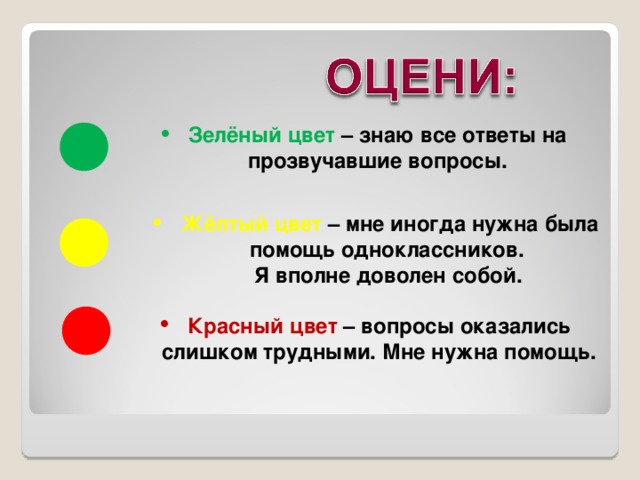 Зелёный цвет – знаю все ответы на прозвучавшие вопросы. Жёлтый цвет  – мне иногда нужна была помощь одноклассников.  Я вполне доволен собой. Красный цвет – вопросы оказались слишком трудными. Мне нужна помощь.