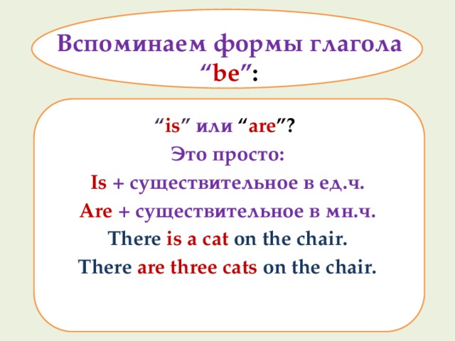 Вспоминаем формы глагола “ be ” : “ is ”  или “ are ”? Это просто: Is  + существительное в ед.ч. Are + существительное в мн.ч. There is a cat on the chair. There are three cats on the chair.