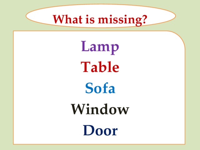 What is missing? Lamp Table Sofa Window Door