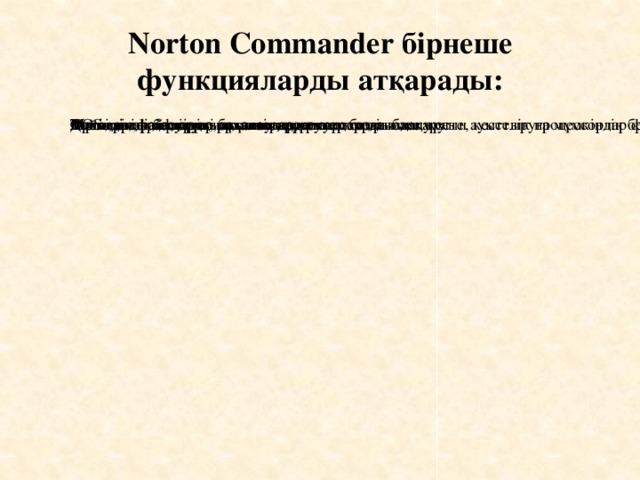 Norton Commander бірнеше функцияларды атқарады: Толығымен дискідегі каталогтарды көрсетеді Файлдарды көшіруге, атын ауыстыруға жоюға және орнын ауыстыруға мүмкіндік береді Дискідегі каталогтар бұтағын көрсету Мәтіндік, графиктік, архивтік, деректер базасымен, кесте, кестелік процессорлар файлдарды қарау Мәтіндік файлдарды редактерлеу DOS Архивтік файлдармен жұмысты, каталогтарды басқару Бір пернені басу арқылы стандарт амалдар орындалу