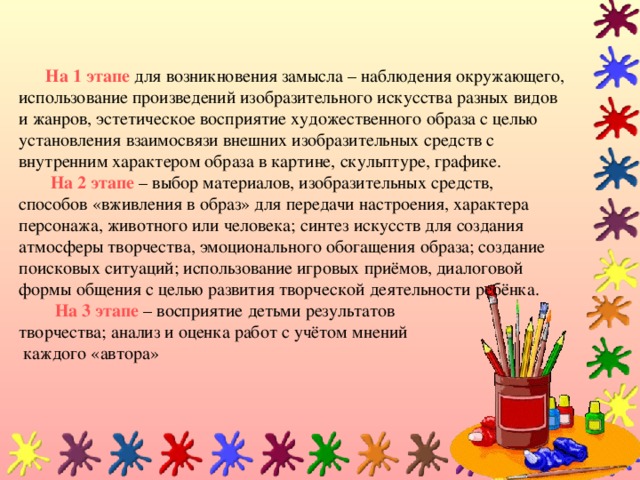 На 1 этапе для возникновения замысла – наблюдения окружающего, использование произведений изобразительного искусства разных видов и жанров, эстетическое восприятие художественного образа с целью установления взаимосвязи внешних изобразительных средств с внутренним характером образа в картине, скульптуре, графике.   На 2 этапе – выбор материалов, изобразительных средств, способов «вживления в образ» для передачи настроения, характера персонажа, животного или человека; синтез искусств для создания атмосферы творчества, эмоционального обогащения образа; создание поисковых ситуаций; использование игровых приёмов, диалоговой формы общения с целью развития творческой деятельности ребёнка.   На 3 этапе – восприятие детьми результатов  творчества; анализ и оценка работ с учётом мнений  каждого «автора»