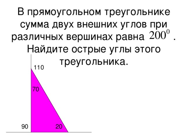 В прямоугольном треугольнике сумма двух внешних углов при различных вершинах равна . Найдите острые углы этого треугольника. 110 70 90 20