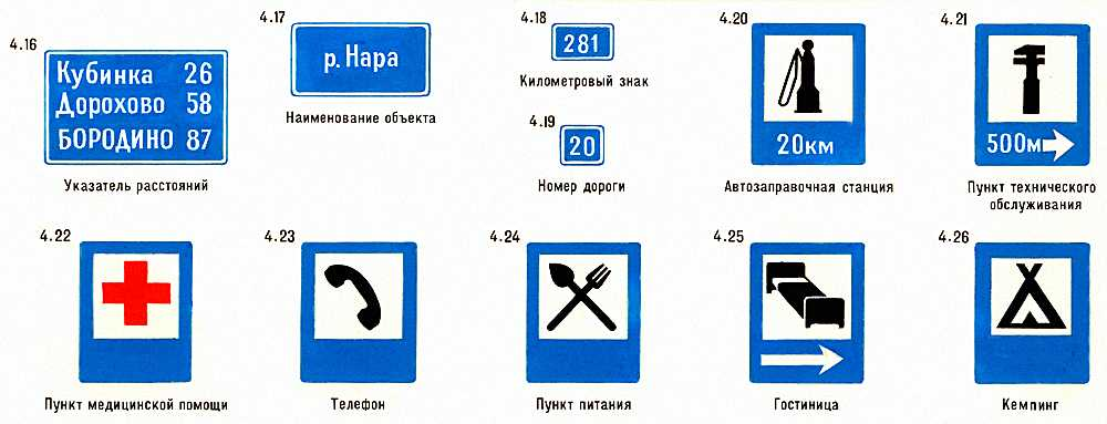 Прямоугольные или квадратные знаки синего цвета с различными рисунками