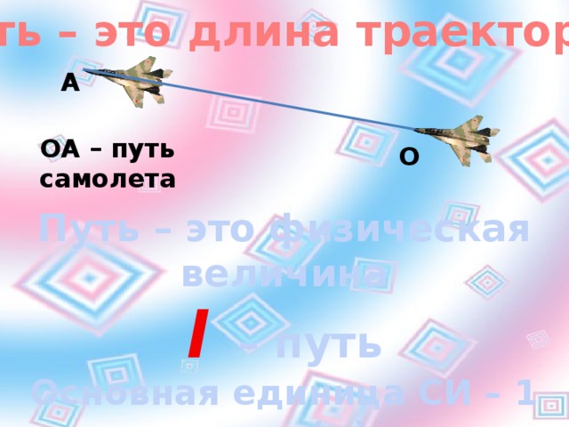 Путь – это длина траектории А ОА – путь самолета О Путь – это физическая величина l   – путь Основная единица СИ – 1 метр (м)