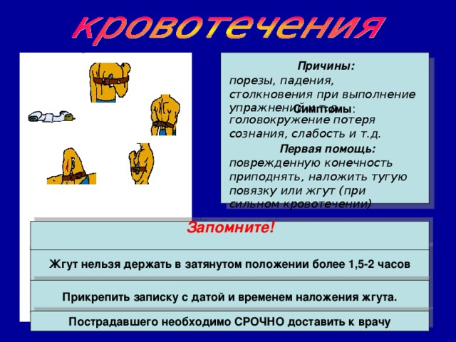 Причины: порезы, падения, столкновения при выполнение упражнений и т.д. Симптомы : головокружение потеря сознания, слабость и т.д. Первая помощь: поврежденную конечность приподнять, наложить тугую повязку или жгут (при сильном кровотечении) Запомните!  Жгут нельзя держать в затянутом положении более 1,5-2 часов Прикрепить записку с датой и временем наложения жгута. Пострадавшего необходимо СРОЧНО доставить к врачу