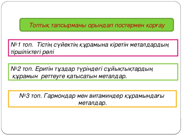 Топтық тапсырманы орындап постермен қорғау № 1 топ. Тістің сүйектің құрамына кіретін металдардың тіршіліктегі рөлі № 2 топ. Еритін тұздар түріндегі сұйықтықтардың  құрамын реттеуге қатысатын металдар. № 3 топ. Гармондар мен витаминдер құрамындағы металдар.