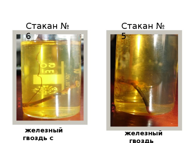 Стакан № 6 Стакан № 5  железный гвоздь с медью (Cu)  железный гвоздь