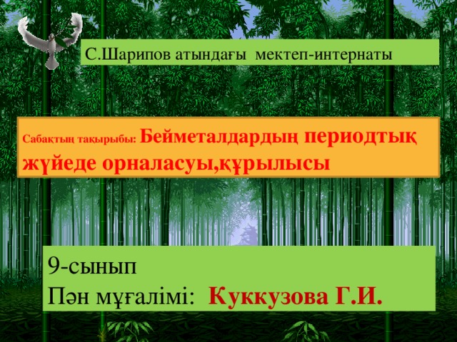 С.Шарипов атындағы мектеп-интернаты Сабақтың тақырыбы: Бейметалдардың периодтық жүйеде орналасуы,құрылысы 9-сынып Пән мұғалімі: Куккузова Г.И.